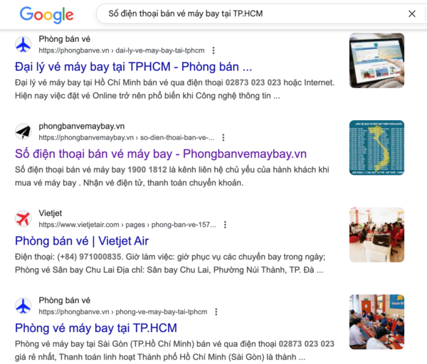 Tìm kiếm trên google bằng cách gõ cụm từ khoá: Số điện thoại bán vé máy bay tại Thành phố Hồ Chí Minh