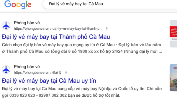 Tìm kiếm trên google bằng cách gõ cụm từ khoá: Đại lý vé máy bay tại Cà Mau