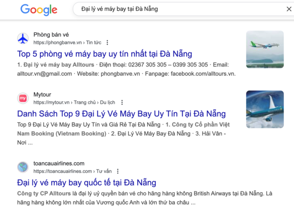 Tìm kiếm trên google bằng cách gõ cụm từ khoá: Đại lý vé máy bay tại Đà Nẵng