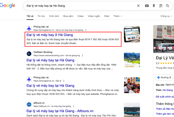 Tìm kiếm cụm từ “Đại lý vé máy bay tại Hà Giang” trên Google