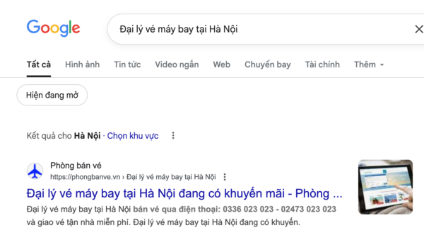 Tìm kiếm trên google bằng cách gõ cụm từ khoá: Đại lý vé máy bay tại Hà Nội